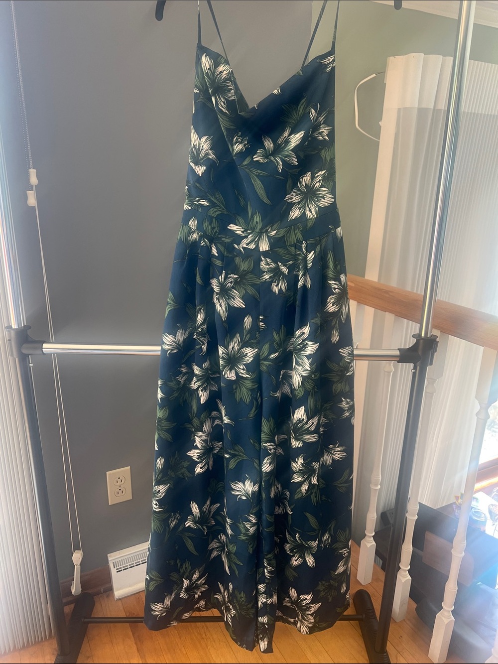 J.O.A. Navy Blue Floral Cowl Neck Midi Jumpsuit with Open Back